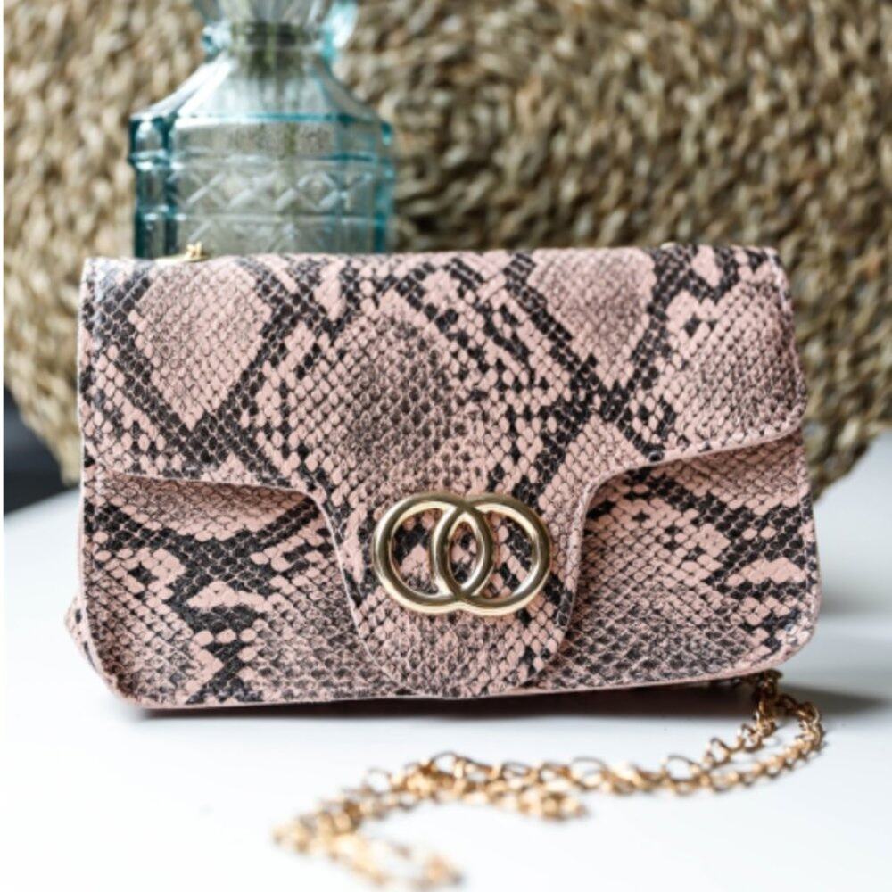 Blush Faux Snake Leather Metal Rings Gold Chain Crossbody Bag - Picture 2 of 12